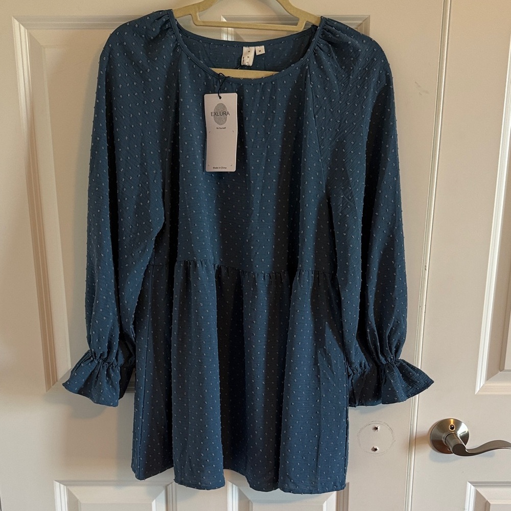 NWT Boho Exlura Long Sleeve Loose Fit Swiss Dot Babydoll Peplum Tunic Top Medium